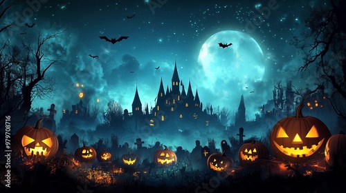 Haunted Castle with Glowing Pumpkins in Graveyard