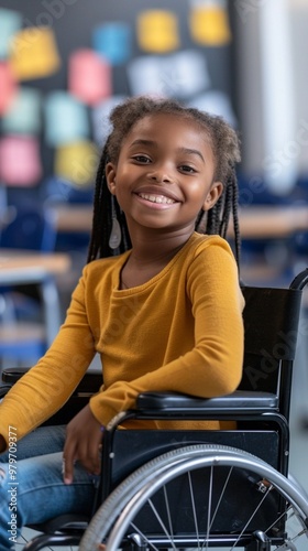 Radiant young student in a wheelchair beams with joy, her bright yellow sweater matching her sunny disposition against a backdrop of colorful sticky notes in a classroom.