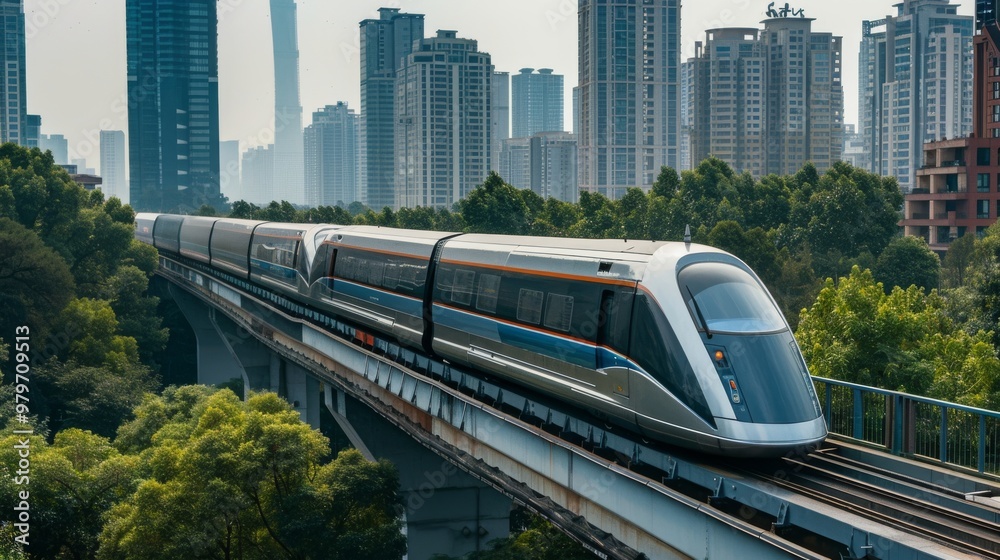 Modern train travels along elevated track in urban landscape, showcasing advanced transportation technology amidst city skyline. Modern train travels along elevated track in urban landscape, showcasing advanced transportation technology amidst city skyline.