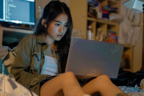 Remote Work Stress: Coping Strategies for Employees.  Poised young girl harnessing technology education and creativity. Allegorizes modern balance style and substance daily life. photo