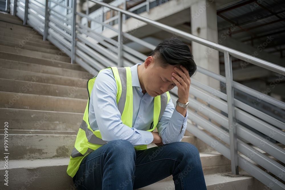 Engineer industry unemployed. Feeling stress, tired and headache asian man sitting jobless depressed on stair at site, worker male crisis in factory, fired unemployment from economy, lost job concept Engineer industry unemployed. Feeling stress, tired and headache asian man sitting jobless depressed on stair at site, worker male crisis in factory, fired unemployment from economy, lost job concept