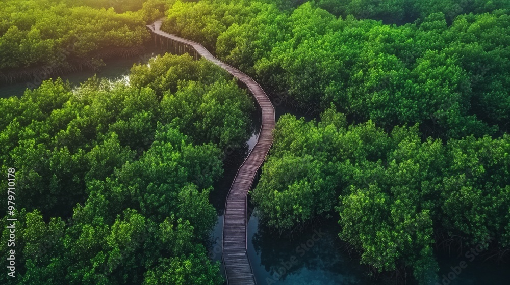 Fototapeta premium A wide-angle shot of a mangrove forest with a wooden boardwalk meandering through the trees, offering a scenic view of the rich biodiversity and lush greenery.