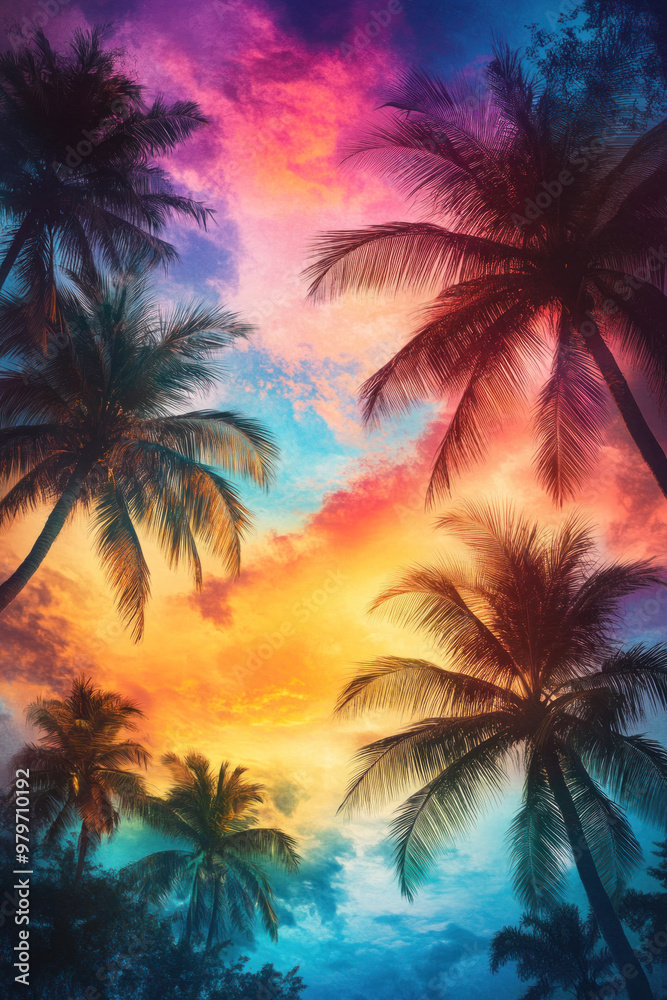 A row of palm trees silhouetted against a tropical sunset, the colors of the sky fading into deep purples and pinks A row of palm trees silhouetted against a tropical sunset, the colors of the sky fading into deep purples and pinks