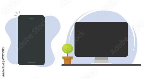 Cell phone blank screen mock up icon, desktop computer pc monitor template vector graphic illustration set, smartphone cellphone black display mock up modern image clip art
