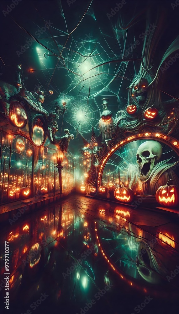 Spooky Halloween Street Scene with Jack-o'-Lanterns Spooky Halloween Street Scene with Jack-o'-Lanterns