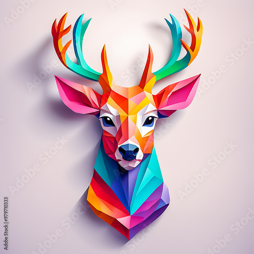 illustration of paper art deer animal mascot head logo on the abstract background. photo
