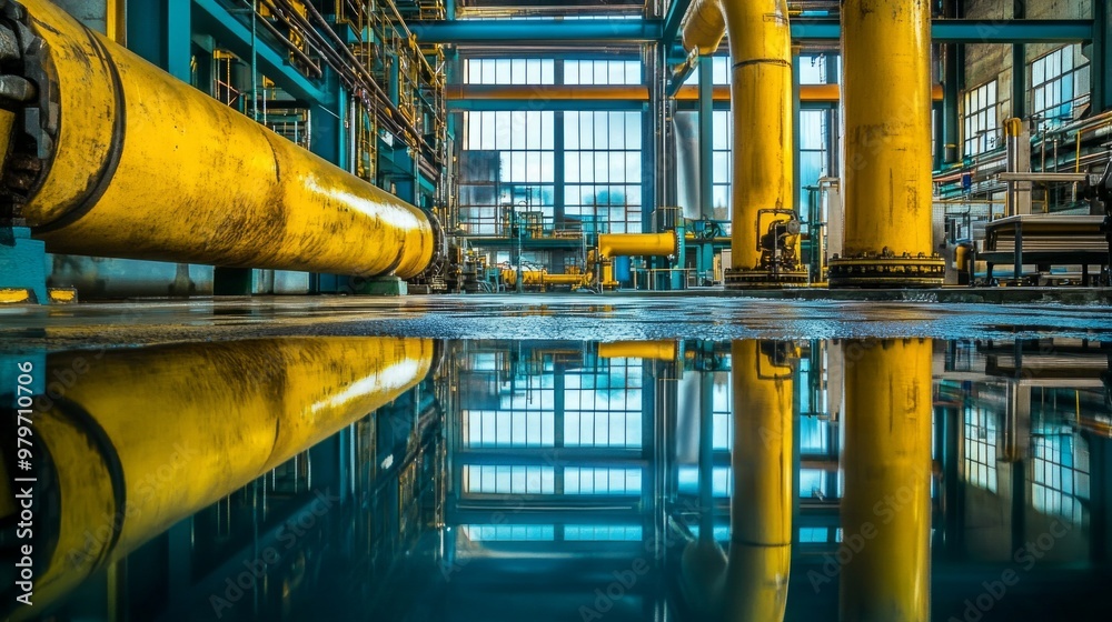 Industrial Plant Interior with Vibrant Yellow and Blue Colors, Machinery in Background, Reflective Water Pipes, Window View, Furniture, Grainy Texture Conveying Energy Production Atmosphere Industrial Plant Interior with Vibrant Yellow and Blue Colors, Machinery in Background, Reflective Water Pipes, Window View, Furniture, Grainy Texture Conveying Energy Production Atmosphere
