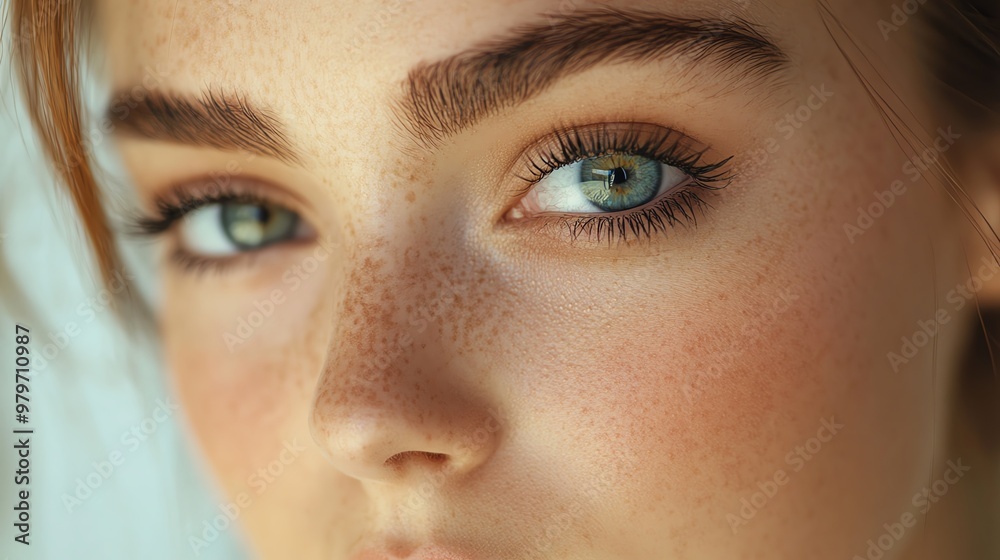 Fototapeta premium Close up of a woman's face with freckles and green eyes