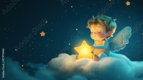 A digital illustration of a baby angel with tiny wings, sitting on a cloud and holding a glowing star. photo