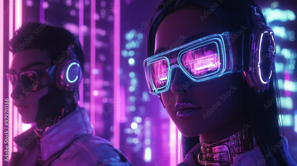 A woman and a man are wearing futuristic glasses and headphones A woman and a man are wearing futuristic glasses and headphones