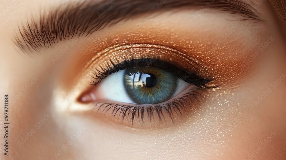 Obraz premium Close-up of a woman's eye with blue eyes and gold glitter eyeshadow.