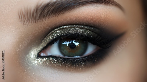Close-up of a woman's eye with smoky eye makeup.