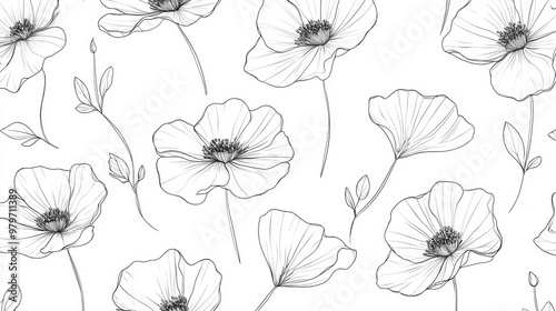 Seamless pattern of delicate line drawn poppies and leaves.