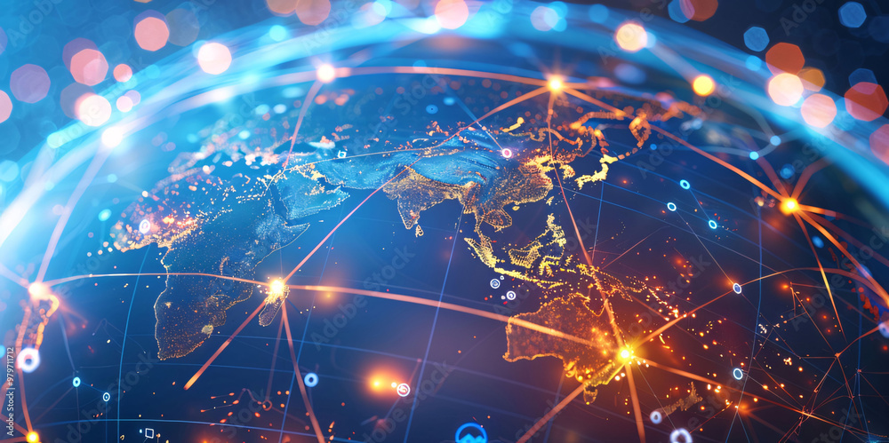 Obraz premium A digital representation of the globe with glowing lines connecting continents. Generative Ai