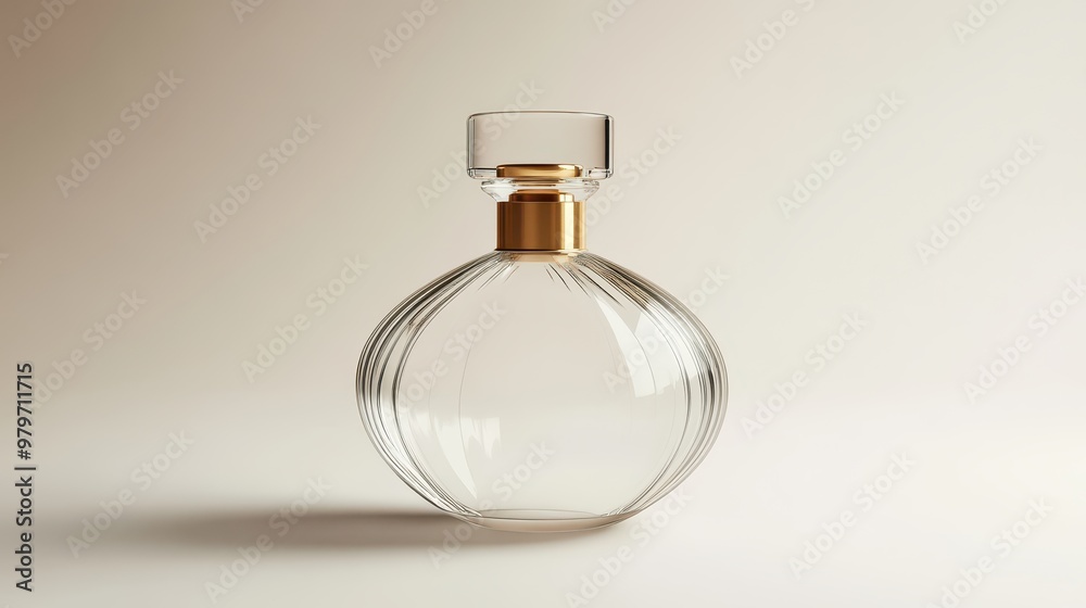 Elegant clear glass perfume bottle with gold cap, clear texture, simple shape, front view, soft lighting, high-resolution Elegant clear glass perfume bottle with gold cap, clear texture, simple shape, front view, soft lighting, high-resolution