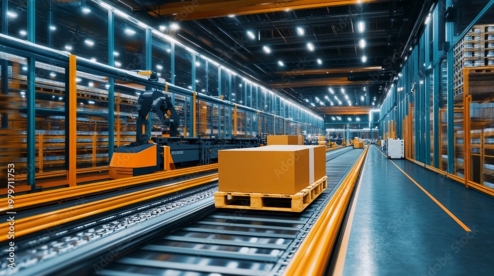 Automated Logistics Hub, a dynamic view of robotic systems efficiently transporting pallets in a vast, high-tech warehouse environment, showcasing advanced automation and logistics technology Automated Logistics Hub, a dynamic view of robotic systems efficiently transporting pallets in a vast, high-tech warehouse environment, showcasing advanced automation and logistics technology