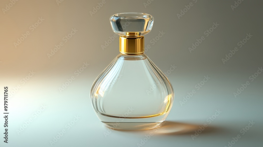 Elegant clear glass perfume bottle with gold cap, clear texture, simple shape, front view, soft lighting, high-resolution Elegant clear glass perfume bottle with gold cap, clear texture, simple shape, front view, soft lighting, high-resolution