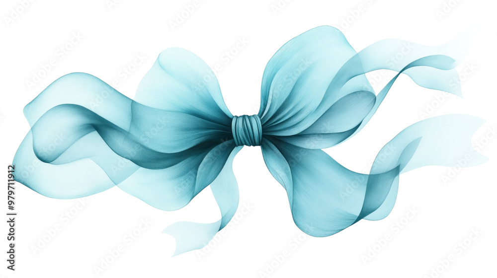 Elegant, flowing translucent blue ribbon bow with delicate, wavy tails on a white background. Elegant, flowing translucent blue ribbon bow with delicate, wavy tails on a white background.