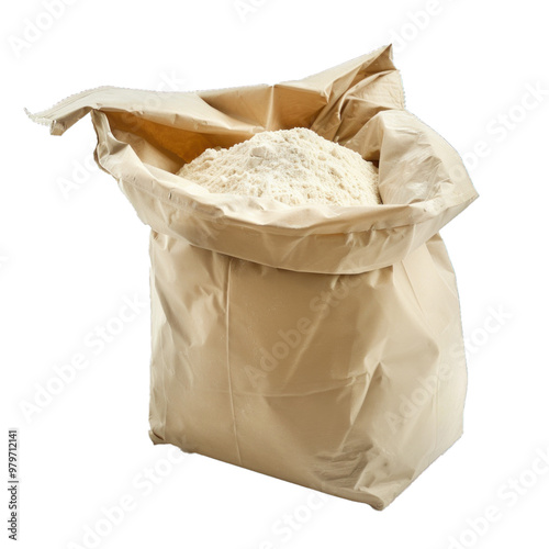 Brown paper bag filled with white flour spilling out the top, isolated on a white background