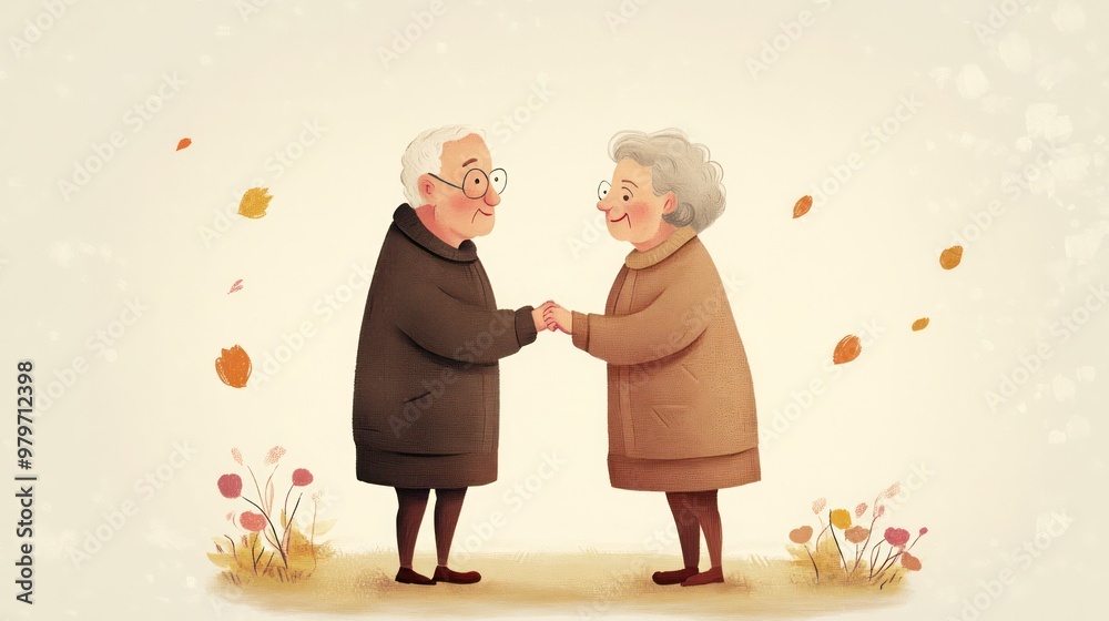 Two elderly people are shaking hands in a park