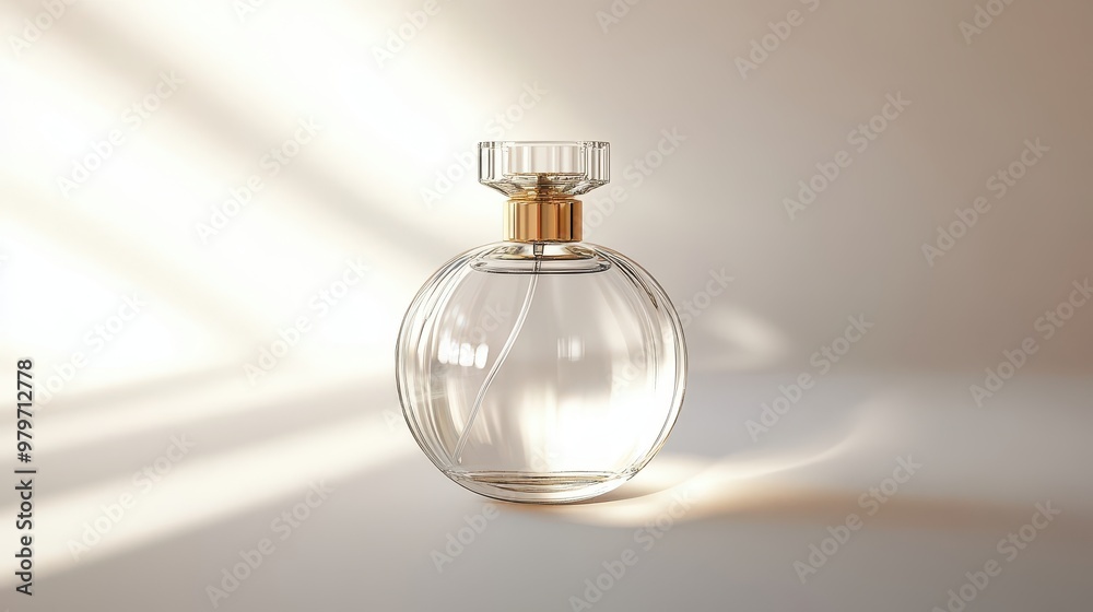Elegant clear glass perfume bottle with gold cap, simple shape, high-resolution, white inner wall, soft light Elegant clear glass perfume bottle with gold cap, simple shape, high-resolution, white inner wall, soft light