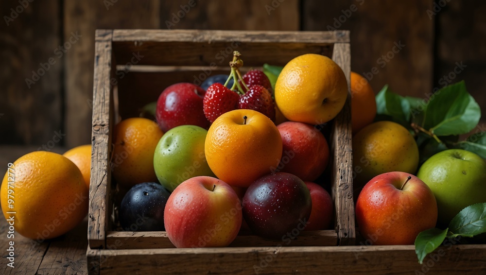 Fresh organic fruits in a rustic wooden crate showcasing their vibrant colors.