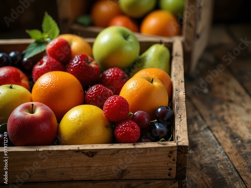 Fresh organic fruits in a rustic wooden crate showcasing their vibrant colors.