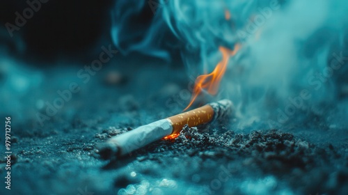 Close-up of a cigarette smoldering on the ground, surrounded by smoke and ash, illustrating themes of addiction and environment. photo