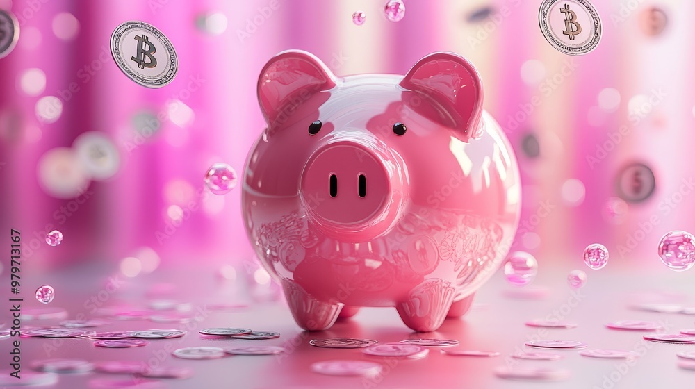 Wealth and Savings Concept - 3D Piggy Bank with Floating Currency Symbols. Wealth and Savings Concept - 3D Piggy Bank with Floating Currency Symbols.