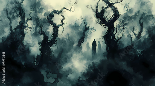 Dark forest, twisted trees, shadowy figures, watercolor style. Shadowy. Illustration photo