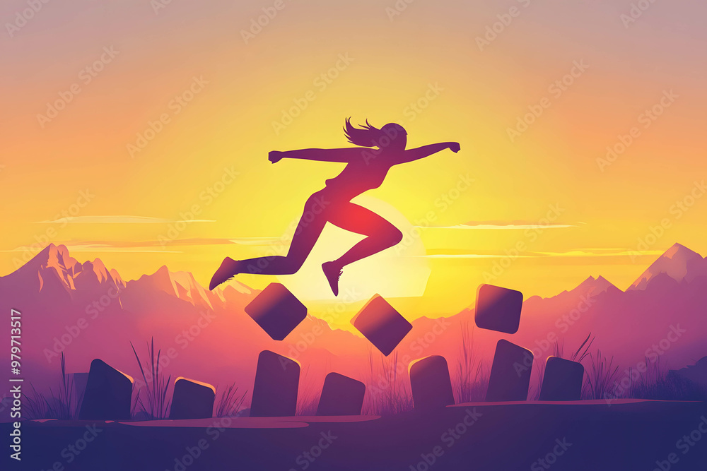 Illustration of person confidently jumping over obstacles, symbolizing overcoming challenges with a positive mindset. Illustration of person confidently jumping over obstacles, symbolizing overcoming challenges with a positive mindset.