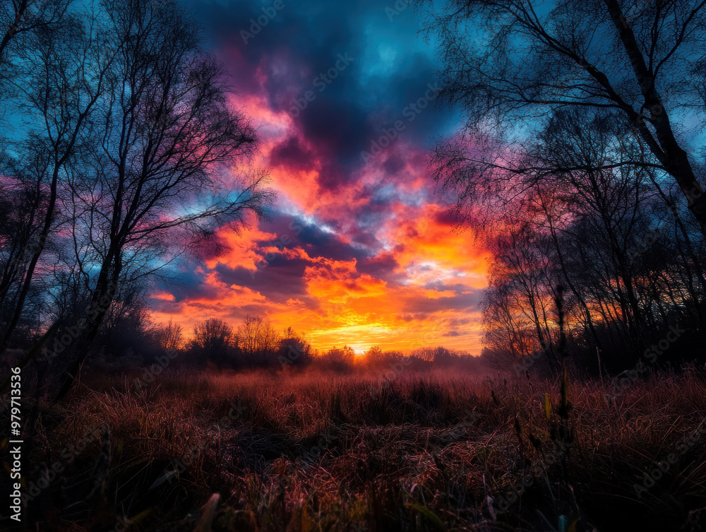 Fototapeta premium Bare trees silhouetted against a vibrant winter sunset, the sky glowing orange and purple over a frosty field