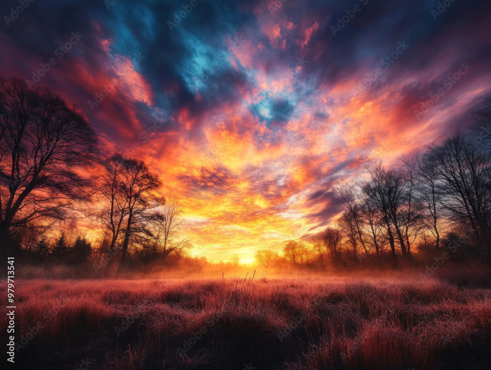 Bare trees silhouetted against a vibrant winter sunset, the sky glowing orange and purple over a frosty field Bare trees silhouetted against a vibrant winter sunset, the sky glowing orange and purple over a frosty field