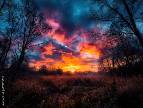 Bare trees silhouetted against a vibrant winter sunset, the sky glowing orange and purple over a frosty field