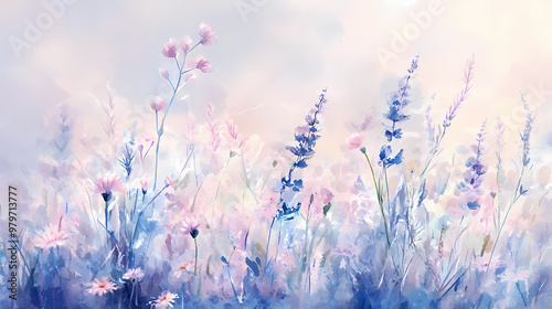 Delicate wildflower meadow in soft watercolor style dreamy pastel palette loose brushstrokes. Pastel Palette. Illustration