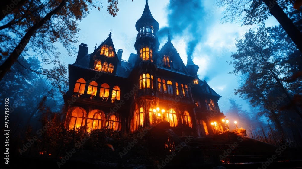 A large, old castle with a spooky atmosphere A large, old castle with a spooky atmosphere