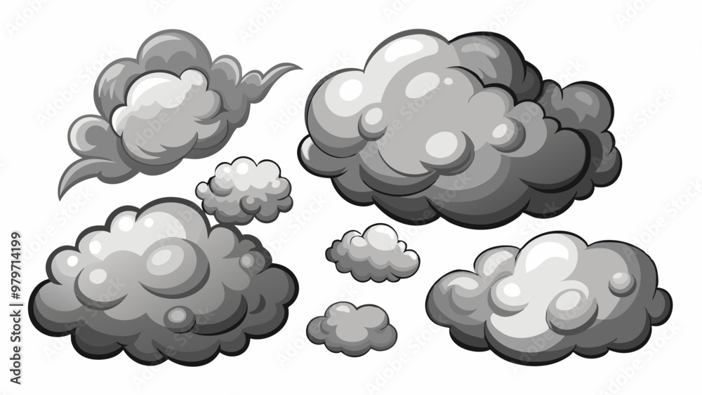 Cartoon grey smoke clouds. Comic vector illustration set of puff fog or gas in air. Explosion or cigarette steam effect. Gray fume of different shapes for explode boom animation or game ui design. Cartoon grey smoke clouds. Comic vector illustration set of puff fog or gas in air. Explosion or cigarette steam effect. Gray fume of different shapes for explode boom animation or game ui design.