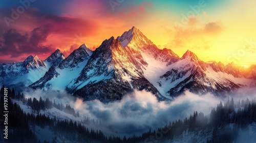 Snow-covered mountains bathed in the warm hues of a winter sunset, the sky a stunning gradient of orange and pink