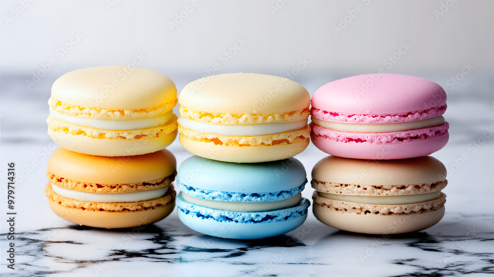 Obraz premium colorful macarons stacked on a marble surface, soft lighting, vibrant pastels, food photography