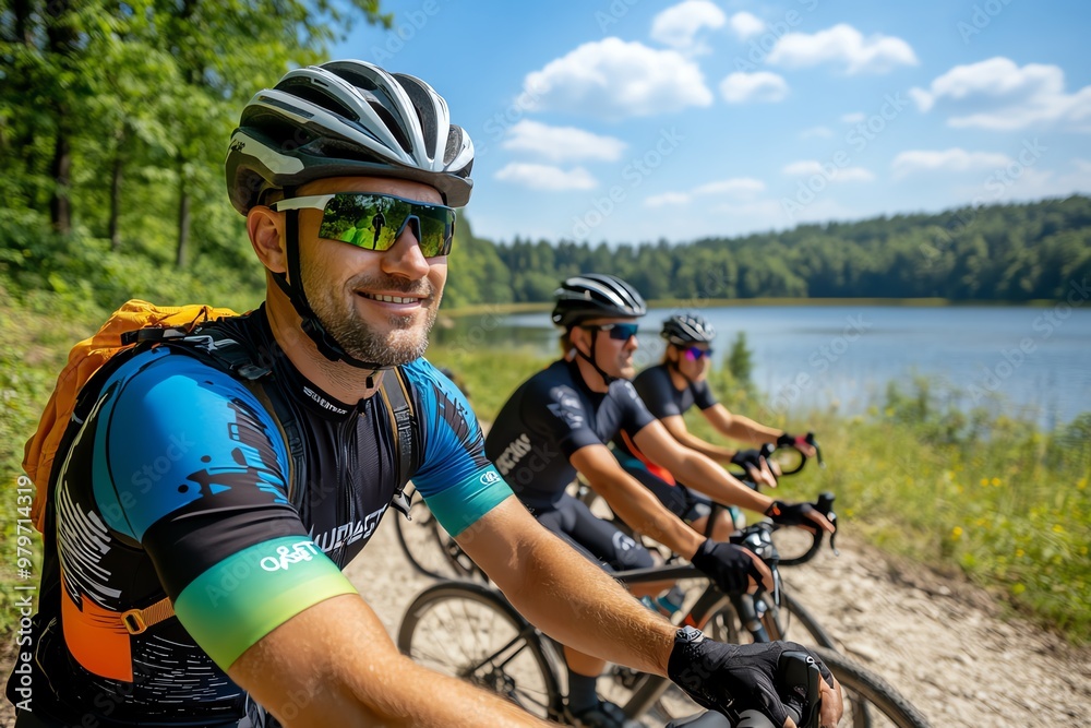 A group of cyclists resting near Užutrakis Manor, with views of the lake and surrounding nature trails A group of cyclists resting near Užutrakis Manor, with views of the lake and surrounding nature trails