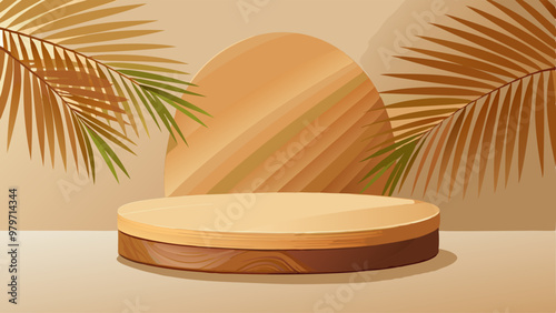 Oval wooden podium on beige background with palm leaf shadows. Vector realistic illustration of glossy platform made of natural material for beauty product presentation, light flare sparkling in air