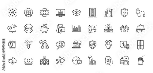 Accounting report, Coffee and Engineering team line icons pack. AI, Question and Answer, Map pin icons. Electric app, Luggage belt, Restaurant food web icon. Vector