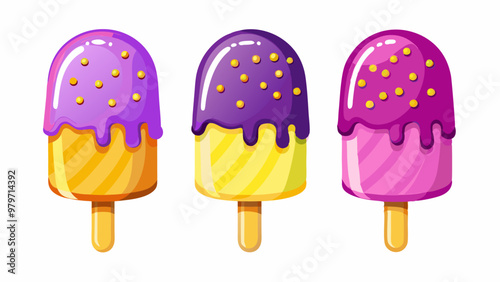 Melting ice cream set isolated on white background. Vector realistic illustration of sweet purple, yellow, pink fruit or vanilla dessert on wooden stick, restaurant menu, food shop design elements