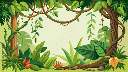 Jungle liana vine frame. Tropical forest plant branch. Isolated hanging wild rainforest twisted climbing leaves. Exotic botanical decorative round border. Greenery foliage root art for menu cartoon
