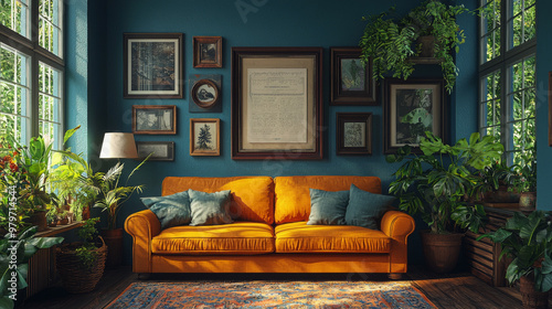 A living room with a yellow sofa and blue walls adorned with framed artwork and potted plants.