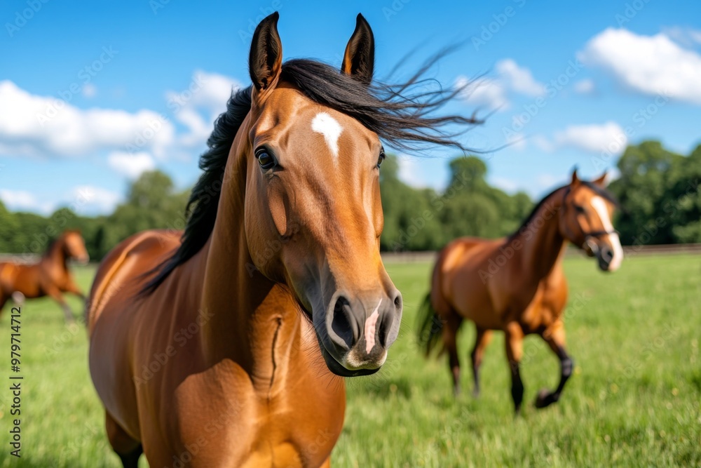 Farm animals like horses trotting in a paddock, their manes blowing in the wind Farm animals like horses trotting in a paddock, their manes blowing in the wind