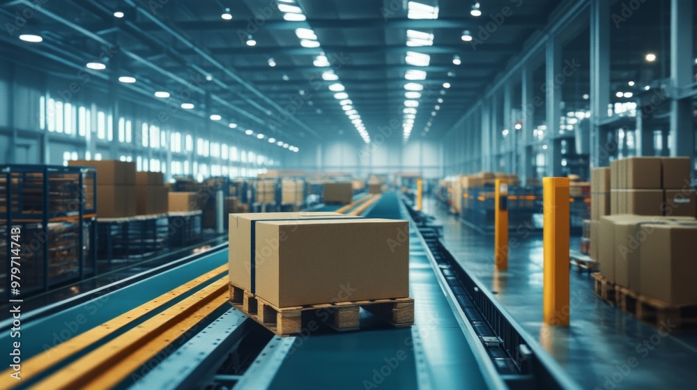 Fototapeta premium Efficient Warehouse Operations, showcasing organized packaging processes, skilled workers, and streamlined shipment activities in a busy logistics facility.