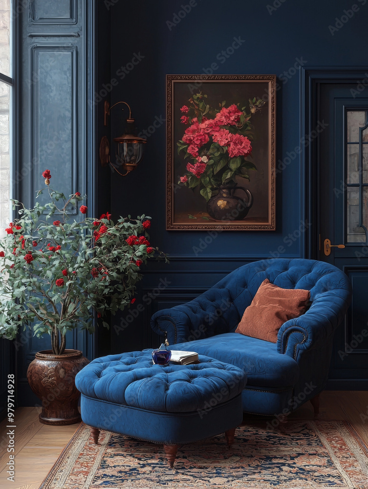 A cozy living room with a blue velvet armchair and ottoman, a painting of flowers, and a plant.