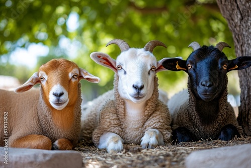 Farm animals like sheep and goats resting under the shade of a tree during a hot summer day photo