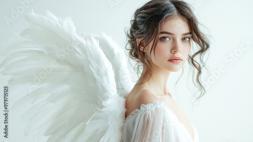 A portrait of a woman dressed as an angel with soft white wings and a serene expression, standing against a white background.